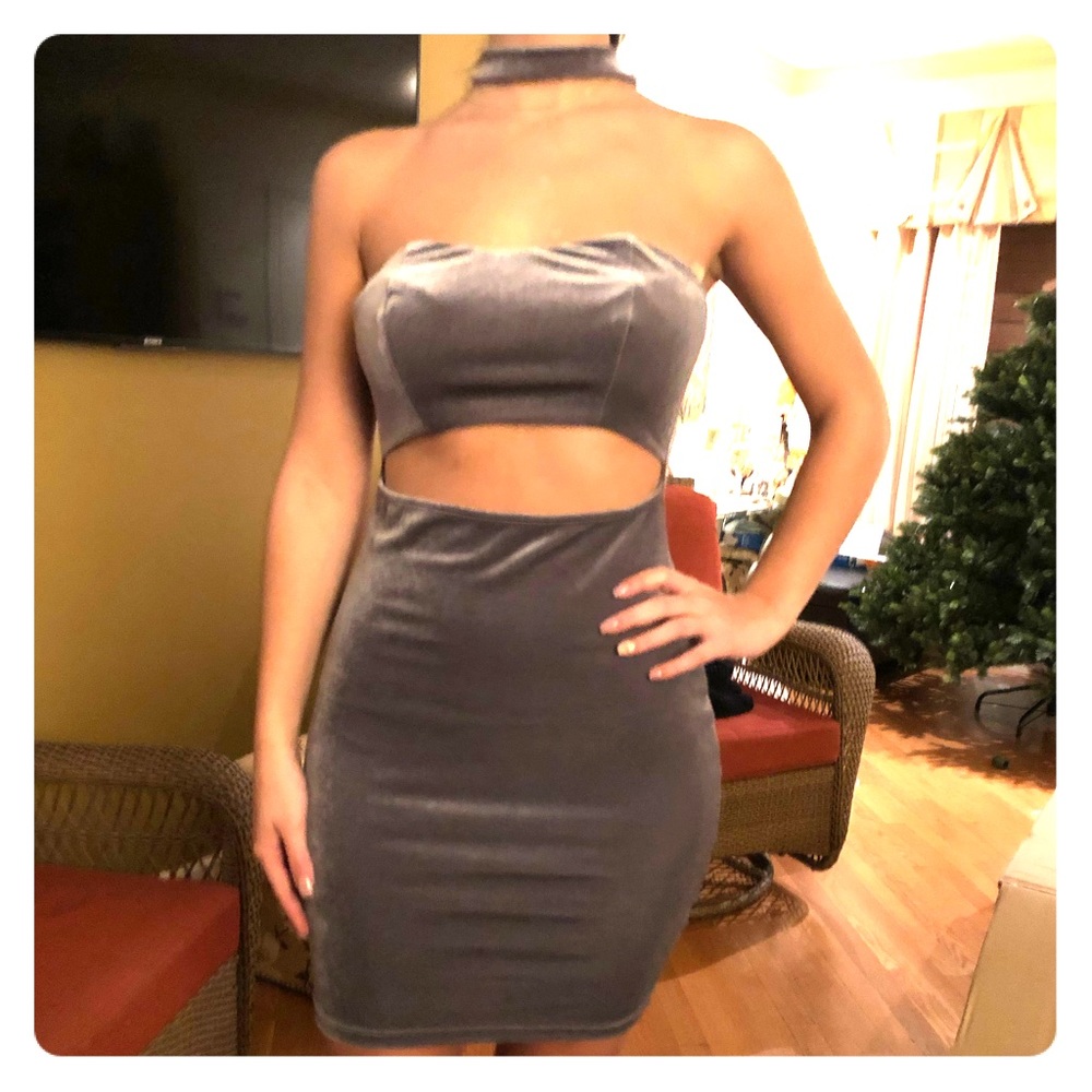 TAGS on it! Gray/green velvet bodycon dress